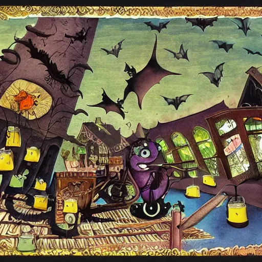 Image similar to bats picking up wishes for delivery at the Wish Factory, Wimmelbilder book by Brenda Haw, cut-away, find the hidden object, whimsical, cel-shaded, hyperdetailed, intricate, ArtStation