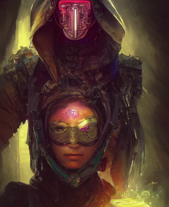Prompt: portrait of a cyberpunk masked assassin, half body, glowin eyes, d & d, fantasy, intricate, elegant, highly detailed, colorful, vivid color, digital painting, artstation, concept art, art by artgerm and greg rutkowski and alphonse mucha and ruan jia