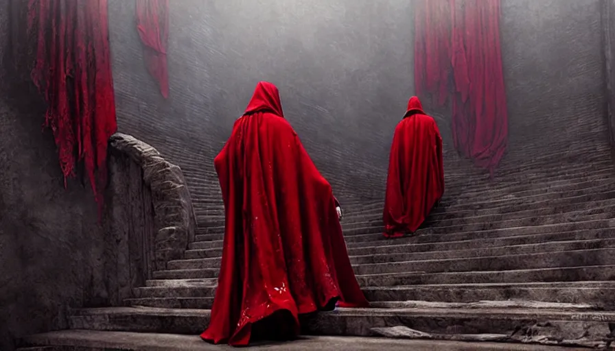 Image similar to figures in red cloaks ascend huge creepy fantasy stairs, cinematic, movie still, art by ruan jia and albert voidstar