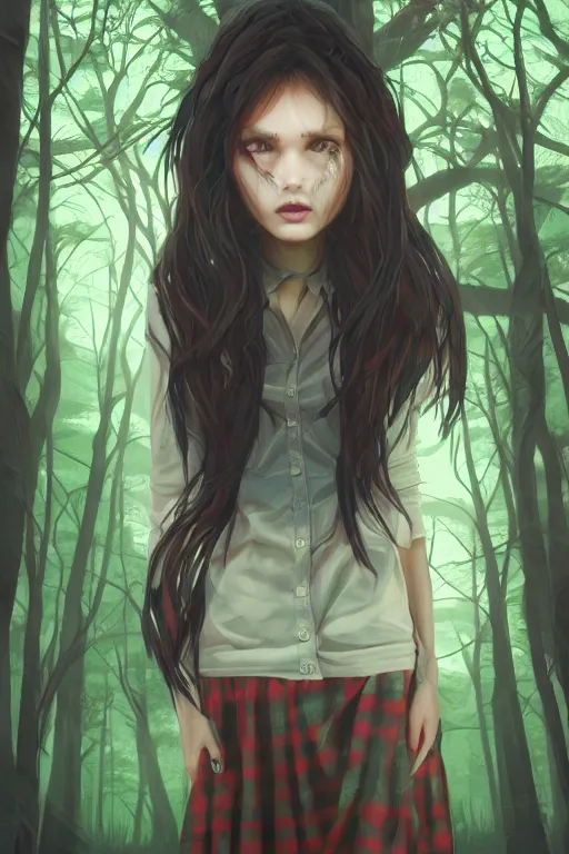 Image similar to woman in a dark forest, detailed plaid miniskirt, beautiful realistic face portrait, detailed eyes, trending on artstation, by dan mumford, anime style, octane render