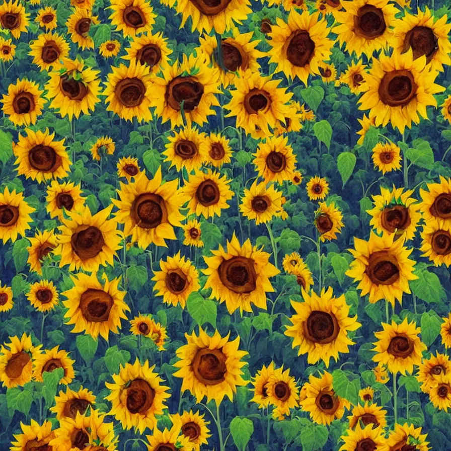 Prompt: Surrealist zombie-sunflowers roaming the world looking for sun rays.