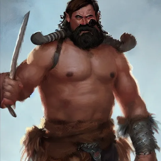 Image similar to portrait old barbarian warrior with trucker mustache and short hair, 8 k, trending on art station, by tooth wu and greg rutkowski