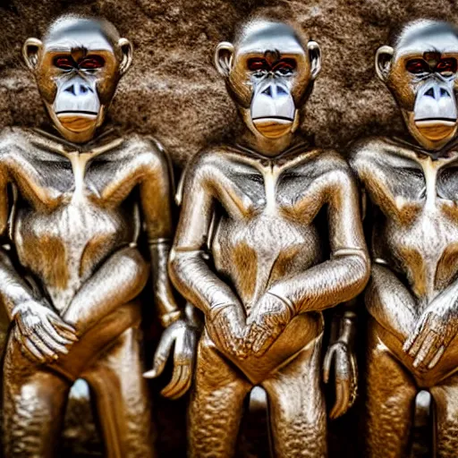 Image similar to Contamporary art fashion photography of ultra mega super hyper realistic detailed group of ultra mega super hyper realistic detailed monkey's in ultra mega super hyper realistic detailed suits, standing near very highly detailed stainless steel monolith situated in the desert. Photo shot on ultra mega super hyper Leica Q2 Camera