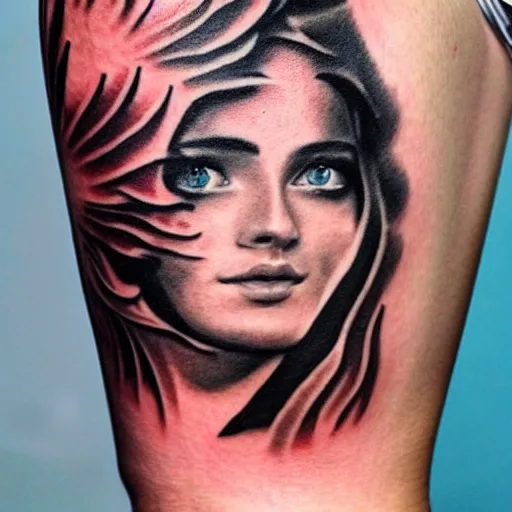 Image similar to a tattoo design of a beautiful girl faded in a mountain scene, in the style of den yakovlev, hyper - realistic, amazing detail