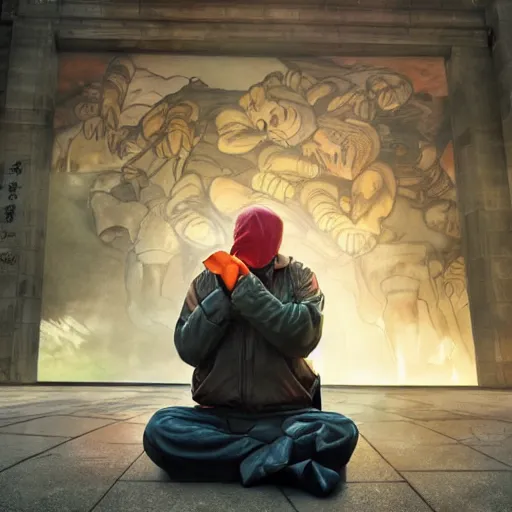 Prompt: screaming winnie the pooh protester sitting in front of wu jiu shi at tiananman square, defiant brave protester, dystopian, highly detailed, photorealistic, octane render, 8 k, unreal engine. art by artgerm and greg rutkowski and alphonse mucha