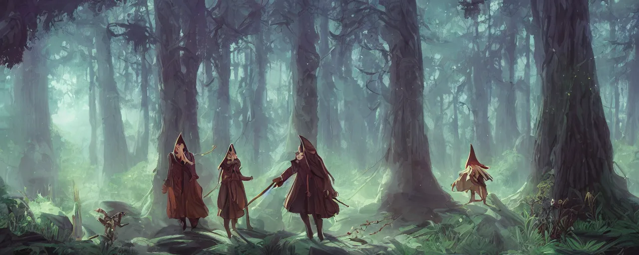Prompt: a wizard father with his witch wife and his witch daughter in a mystical forest full of wonders, pine trees, magical atmosphere, trending on artstation, 30mm, by Noah Bradley trending on ArtStation, deviantart, high detail, stylized portrait