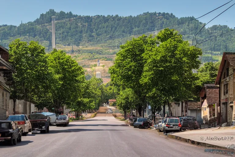 Image similar to looking down street, warehouses lining the street. hills background with trees and radio tower on top. telephoto lens compression.