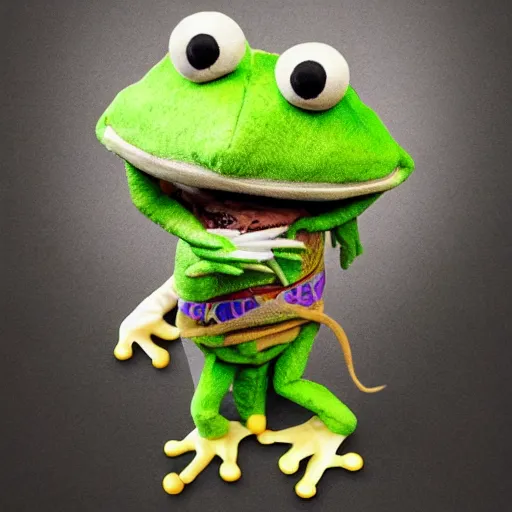 Image similar to photorealistic frog cleric as a chibi muppet plush made from transparent sheer fabric wearing a wolf skull on its head and carrying a tiny sketch book and pencil, photography, national geographic, sesame street