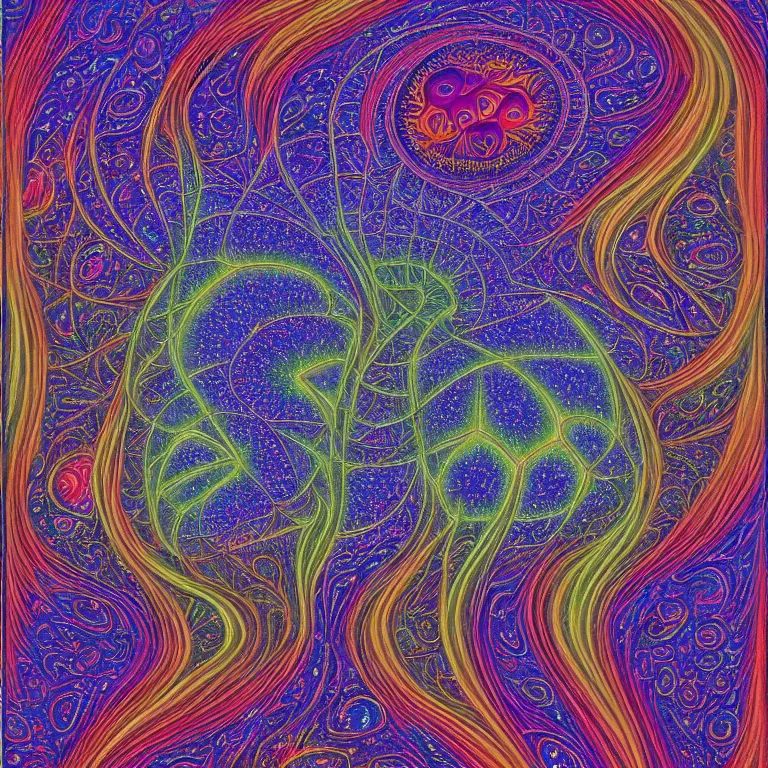 Image similar to psychedelic trippy fractal soul on fire deep space galaxy within award winning painting by alex grey symmetrical