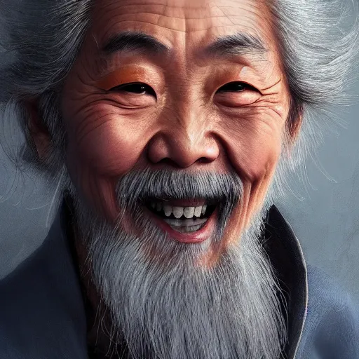 Image similar to portrait painting of a 6 0 year old kind smile handsome chinese taoist priest, like liangchao wei, silver ponytail hair, amiable by wenjun lin, irakli nadar, bright colors, octopath traveler, wenjun lin, unreal engine 5 highly rendered, global illumination, radiant light, detailed and intricate environment