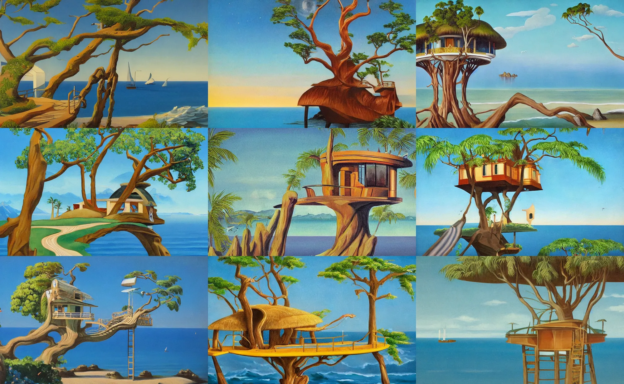 Prompt: art deco painting of a mystical island treehouse on the ocean