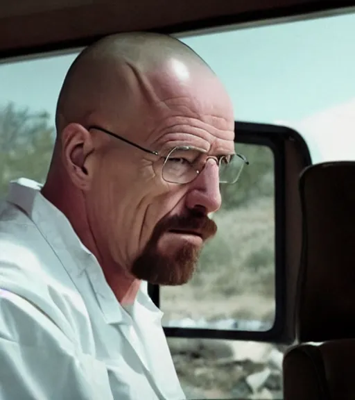 Image similar to film still of kim kardashian as walter white cooking meth inside an rv in the tv show breaking bad, full-shot, 4k