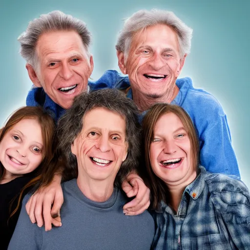 Image similar to family portrait studio of ugly family big rond eyes bad rotten teeth and smile, horrible scary family laughter by Cronenberg, mountain landscape background,, very detailed, grainy image