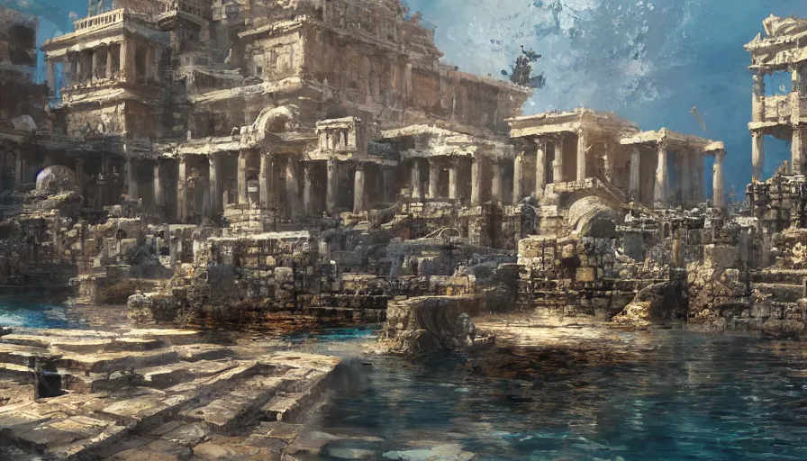 Image similar to Aquatic ancient city, greek style paint by Craig Mullins, hyperdetailed, artstation, cgsociety, 8k