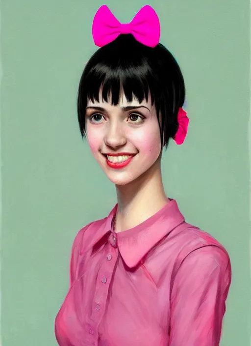 Image similar to portrait of high school girl, realistic, black hair, bangs, half updo hairstyle, pointy nose, skinny, smile, ugly, defined jawline, big chin, pink hair bow, earrings, intricate, elegant, glowing lights, highly detailed, digital painting, artstation, sharp focus, illustration, art by wlop, mars ravelo and greg rutkowski