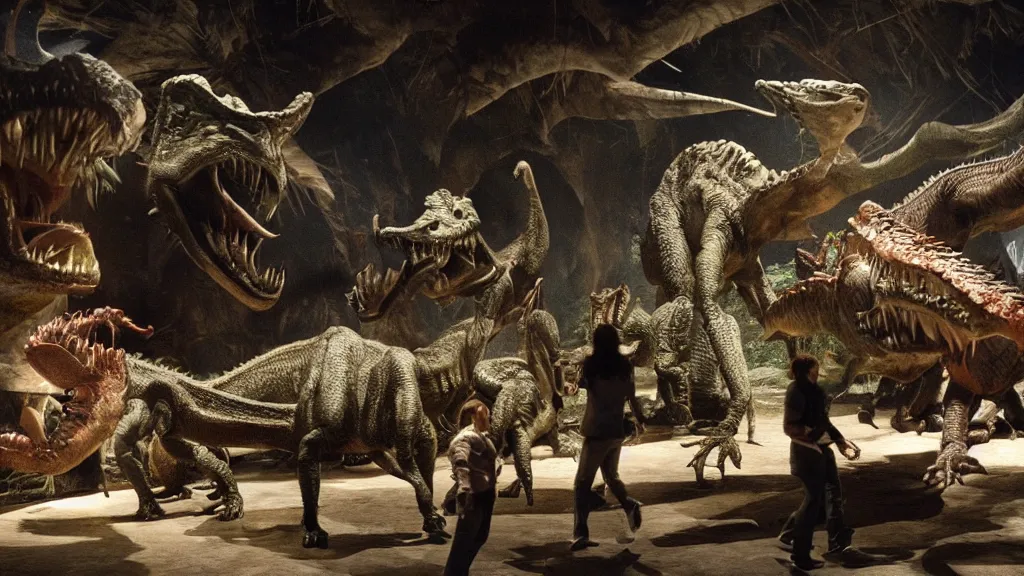 Prompt: movie scene of a group of draconian humanoid walking around the dinosaurs, reptil, reptilian, movie still, cinematic composition, cinematic light, criterion collection, reimagined by industrial light and magic, Movie by David Lynch and Ridley Scott