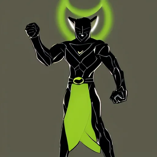 Prompt: dark - skinned superhero with a black suit and very minimal green details, his power comes from a ring that gives him mutant - like powers and a spectacular mask as a weapon he has an expandable staff. he wears no cape. he has a belt as a feline tail, digital art, artstation, conceptart, badass