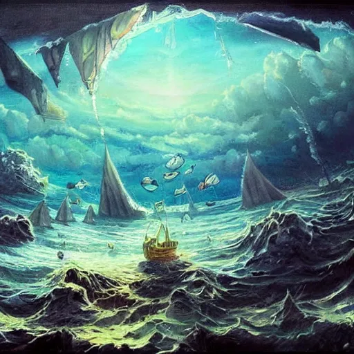 Image similar to a beautiful painting of lost ship under the sea,artstation,highly detailed