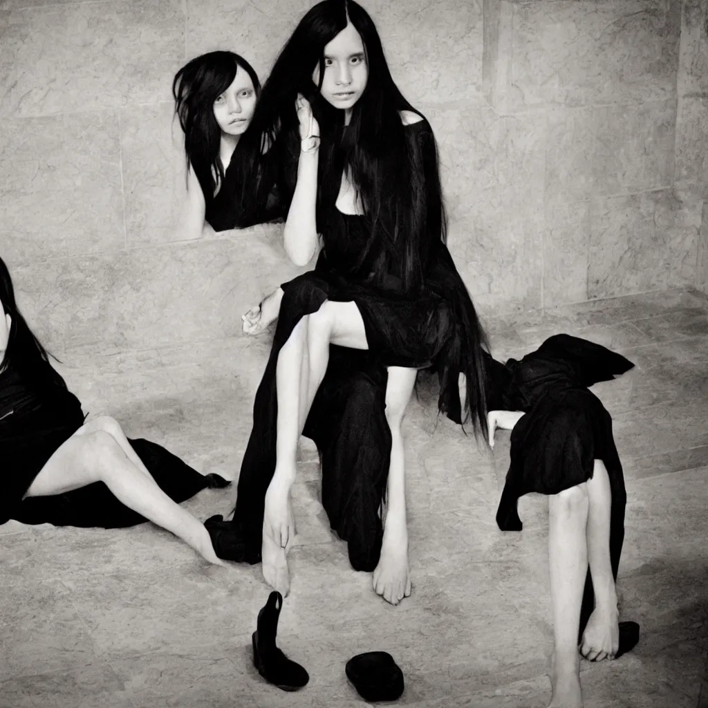 Prompt: a young girl with straight long black hair wearing black dress and sitting on bathroom floor, art by artgem with help of mario testino and vanessa beecroft