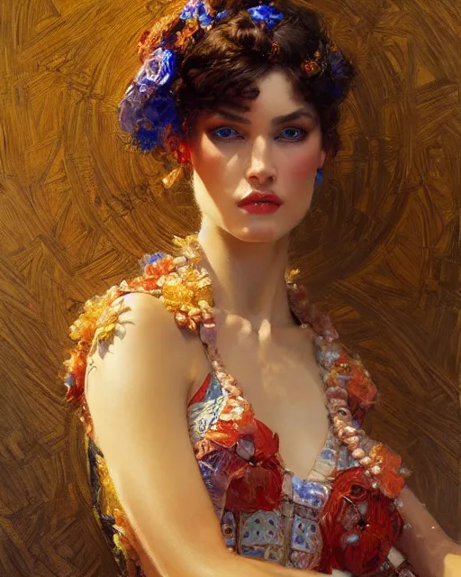 Image similar to an attractive fashion model wearing a complex dress surrounded by intricate geometric patterns. highly detailed painting by gaston bussiere, craig mullins, j. c. leyendecker 8 k