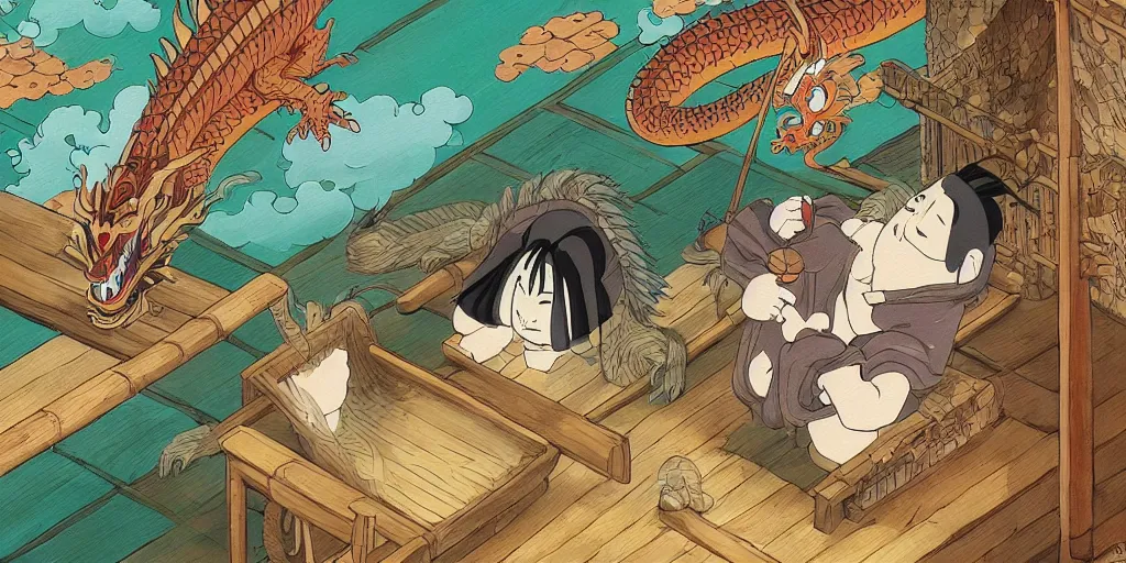 Prompt: an edo - period japanese bath - house filled with wacky characters and spirits. a stunned dragon has crashed through the wooden wall. fantasy art, painting, by studio ghibli, hayao miyazaki, high resolution wallpaper, colorful painting