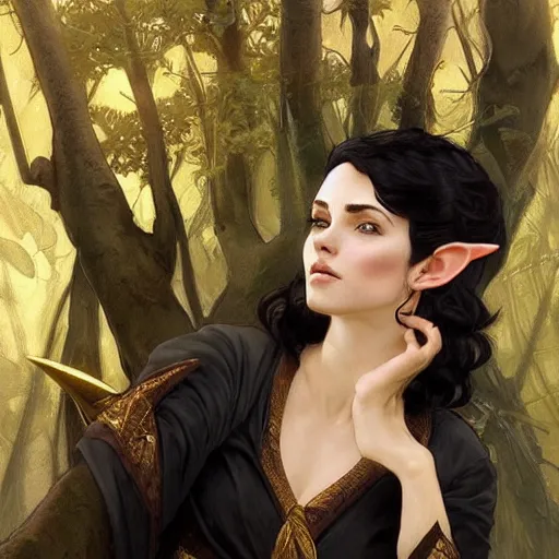 Prompt: portrait of statuesque elf resting on a tree, short black hair, gold robes, expressive face, sharp focus, intricate, smooth, ultra realistic digital art, d & d, high fantasy, pointed ears, elegant, by artgerm, greg rutkowski, alphonse mucha