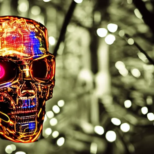 Image similar to extremely detailed portrait of a terminator's head, packed with cybernetics and and borg enhancements and has lit optic fibers inside. In a forest with bokeh. No plating.