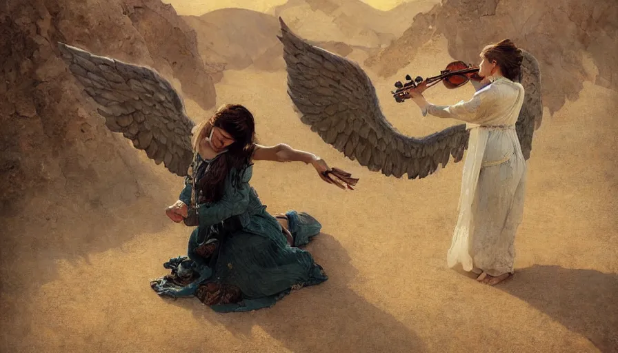 Image similar to angel with wings alone playing on a violin in the desert, oriental painting, sunny morning, russian oil painting, serov, surikov, vasnetsov, repin, kramskoi, paint texture, uplight, insanely detailed and intricate, high resolution, Charlie Bowater, Tom Bagshaw, Norman Rockwell, octane rendered, unreal engine, illustration, trending on artstation, masterpiece, 8k