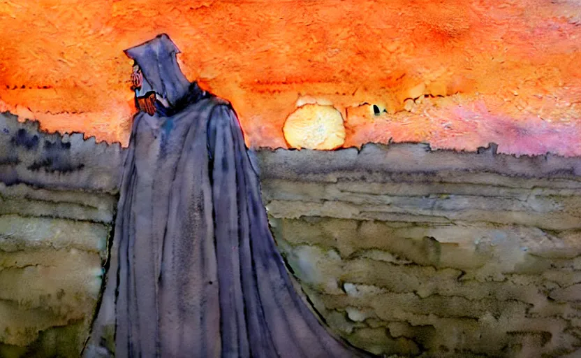 Image similar to a hyperrealist watercolor concept art of a medieval monk in grey robes with an orange sunset sky. a window to a different world is in the background showing a bright blue sky. very muted colors, by rebecca guay, michael kaluta, charles vess. high detail, hq, wide shot, 4 k