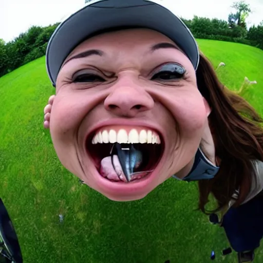 Image similar to widest fish eye lens extremely close to cyborg's laughing