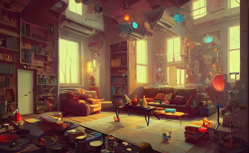 Image similar to Interior shot of a cozy loft by Petros Afshar and Beeple, James Gilleard, Mark Ryden, Wolfgang Lettl highly detailed