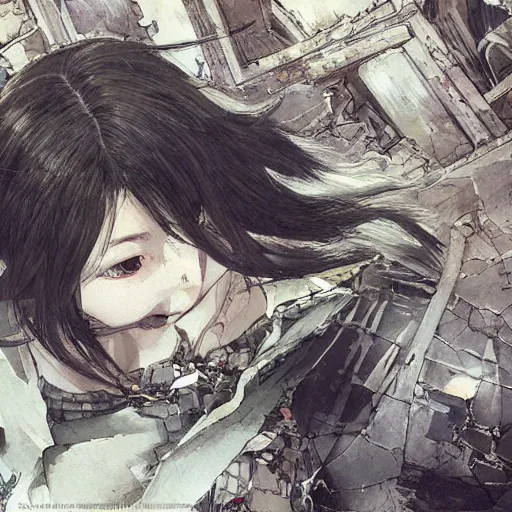 Prompt: cute japanese girl with small horns and long silky hair, dressed in an old white coat, praying on the floor of a destroyed church, with an elegant smile, view from above, detailed artwork by Yoji Shinkawa