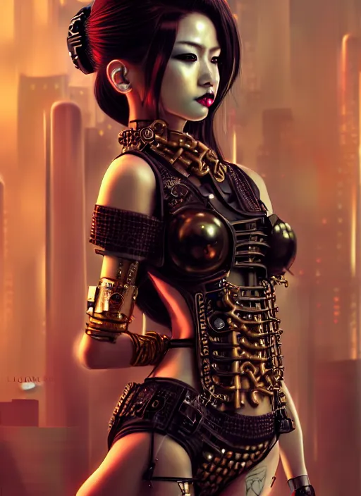 Image similar to soft lustrous ebony geisha seductive raver gutter punk steampunk cyborg, yakuza, golden ratio, details, scifi, fantasy, cyberpunk city, intricate, decadent, highly detailed, octane render, digital painting, artstation, concept art, sharp focus, illustration, art by artgerm, loish, wlop