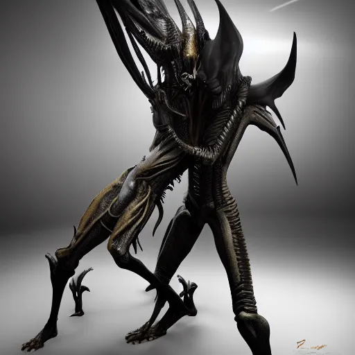 Image similar to Sauron slow dancing with a xenomorph, photorealistic, 3d render, award winning render, unreal engine, octane render, studio lighting, 8k, hd