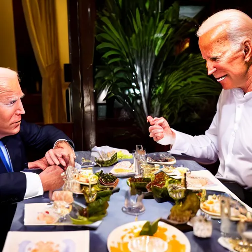 Image similar to donald Trump and joe Biden having dinner at a fancy Balinese restaurant, award winning photography, 85mm, perfect faces