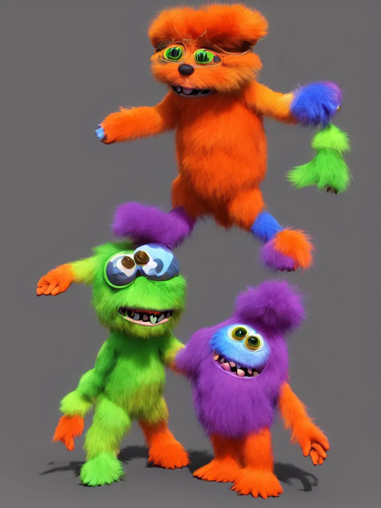 Prompt: smiling colorful furry monster toy each with gloved hands on its arms and boots on its feet and two big round eyes, 3D model unreal engine highly detailed rendered in pixar renderman
