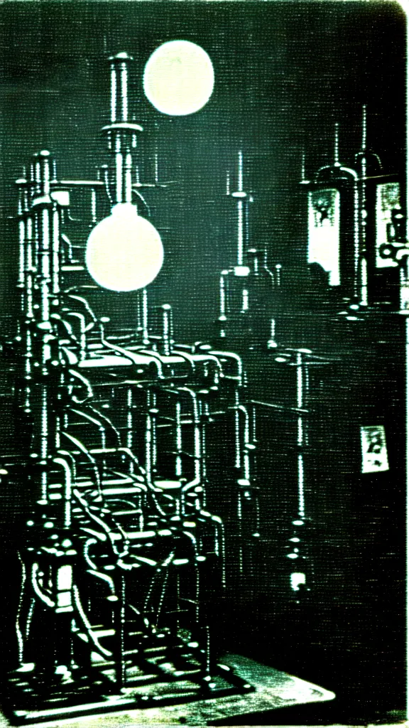 Prompt: a disturbing vintage photograph, a soviet laboratory with a portal to a dark and gothic Hieronymous Bosch H.R. Giger machinery factory polluting the land and blocking the sun
