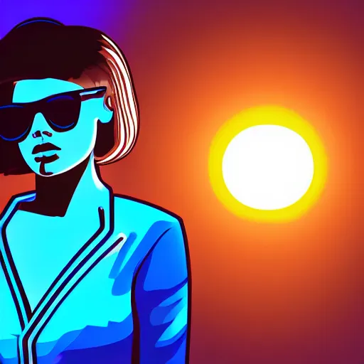 Image similar to a woman with light blue shutter shades in front of a sunset, a dark brown leather jacket, one side brown haircut with blue ends, vector art by jan tengnagel, pixabay contest winner, retrofuturism, retrowave, synthwave, outrun, portrait, synthwave