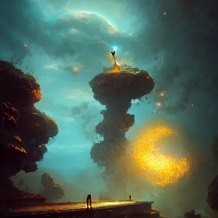 Image similar to a flower the whole within infinite capsule apparent with awe the apparition, an idea seep's into infinity highly detailed in volumetric latent space, golden turquoise steampunk, high contrast cinematic light, mystical shadows, sharp focus, divine realm of gods, octane render, artist by greg rutkowski,