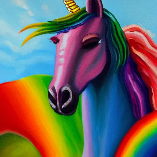 Prompt: rainbow sparkle unicorn, oil on canvas