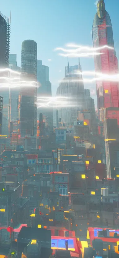 Image similar to unreal engine 5 render of a happy city on a sunny day with lasers coming out of the clouds, digital art ”