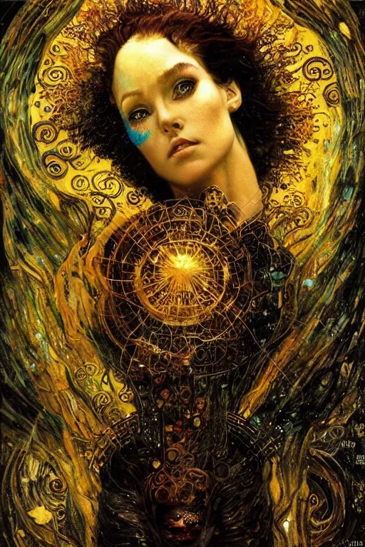 Image similar to Intermittent Chance of Chaos Muse by Karol Bak, Jean Deville, Gustav Klimt, and Vincent Van Gogh, beautiful Surreality portrait, enigma, Loki's Pet Project, destiny, Poe's Angel, fate, inspiration, muse, otherworldly, fractal structures, arcane, ornate gilded medieval icon, third eye, spirals