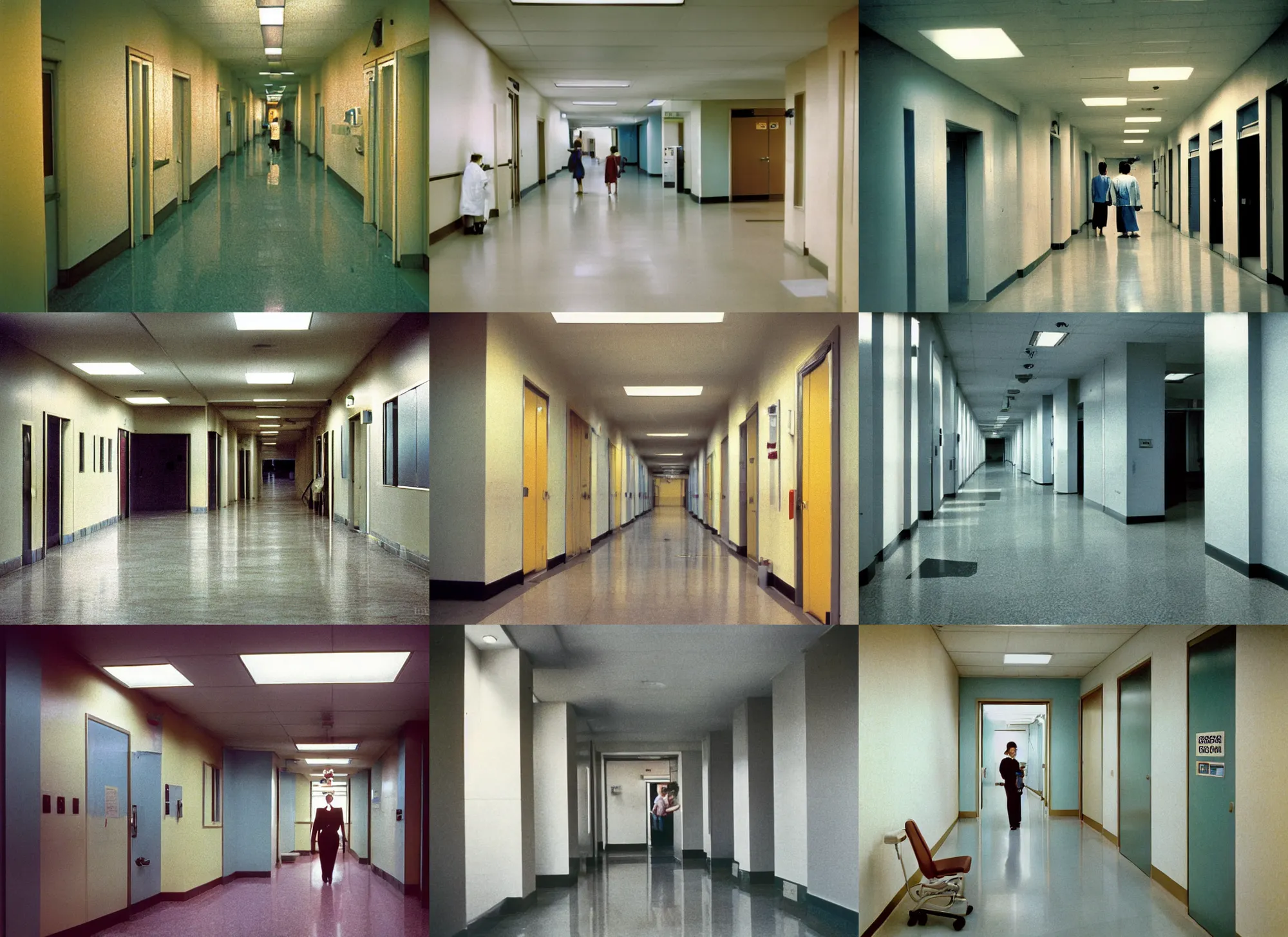 Prompt: a long - shot, color travel photograph portrait of a hospital hallway, day lighting, 1 9 9 0 photo from photograph magazine.