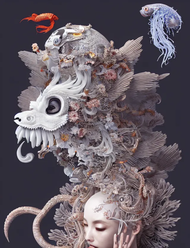 Image similar to 3 d goddess bottom - up with ram skull. beautiful intricately detailed japanese crow kitsune mask and clasical japanese kimono. betta fish, jellyfish phoenix, bio luminescent, plasma, ice, water, wind, creature, artwork by tooth wu and wlop and beeple and greg rutkowski