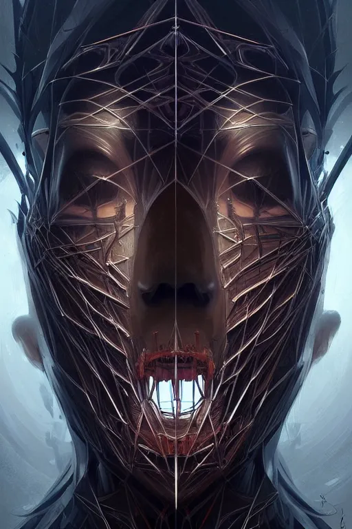 Image similar to professional concept art symmetric portrait of a terrifying! mechanical!! predatory fractal! species in a dark room by artgerm and greg rutkowski. an intricate, elegant, highly detailed digital painting, concept art, smooth, sharp focus, illustration, in the style of cam sykes.