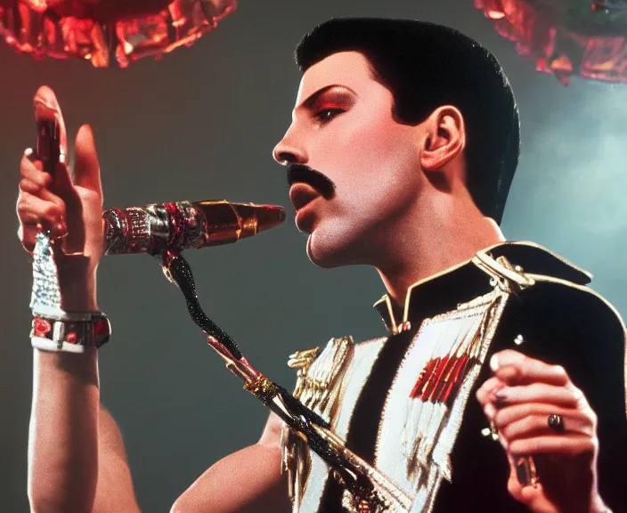 Image similar to 4 k hd, high detail photograph of freddy mercury, shot with sigma f / 4. 2, 2 5 0 mm sharp lens, wide shot, consistent, isometric view, volumetric lighting, high level texture render