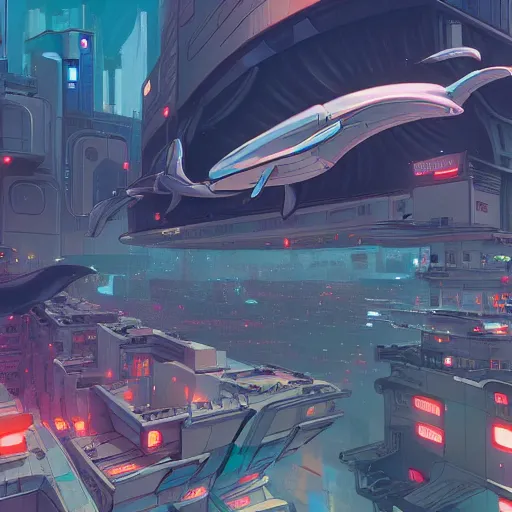 Prompt: flying whales on a cyberpunk city, trending on artstation hq, 4K, UHD, Josan Gonzalez style, high detail