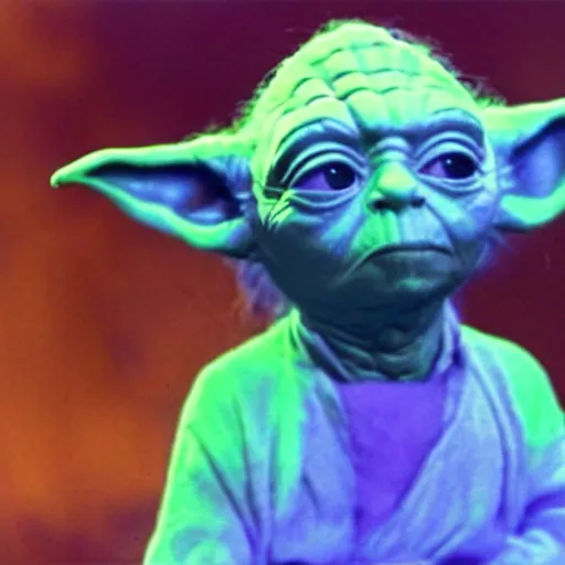 Image similar to a film still of yoda's spirit as a luminescent hologram type thing in star wars realistic, detailed