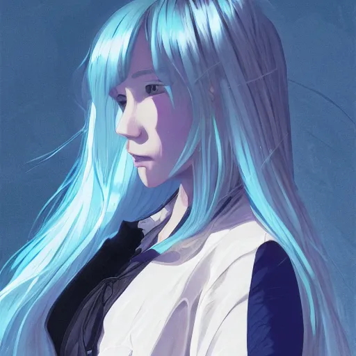 Image similar to low - angle shot from behind of a long light blue - haired girl in a blue tailcoat with a scabbard, combat boots, noir, sharp focus, intricate, illustration, cell shaded, digital painting, highly detailed, straight hair, art by ilya kuvshinov, wlop, greg rutkowski, studio quality, makoto shinkai, james jean