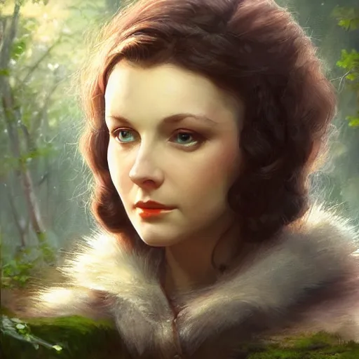 Image similar to closeup portrait of a young vivian leigh with elf ears, forest background, megacity, high fantasy, dramatic light, gorgeous view, depth, high detail, digital art, painted by greg rutkowski, trending on artstation